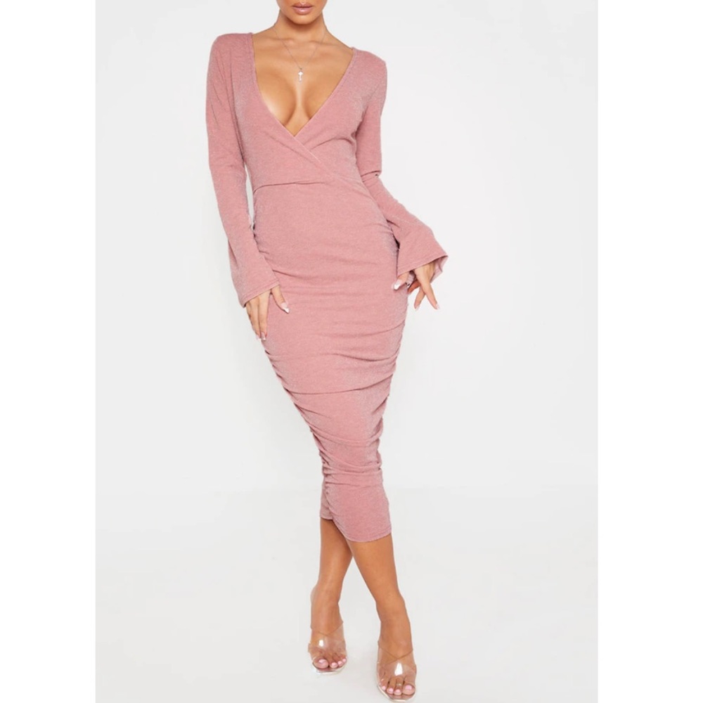 Pretty little thing blush long sleeve plunge ruched midi dress